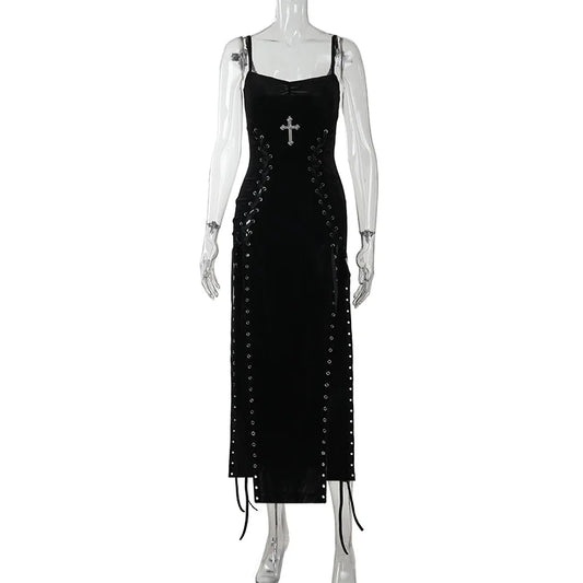 Goth Dark Punk Grunge High Split Hem Straps Dess 90s Streetwear Gown Women Sexy Corn Bandage Velvet Dresses Mall Gothic Clothing