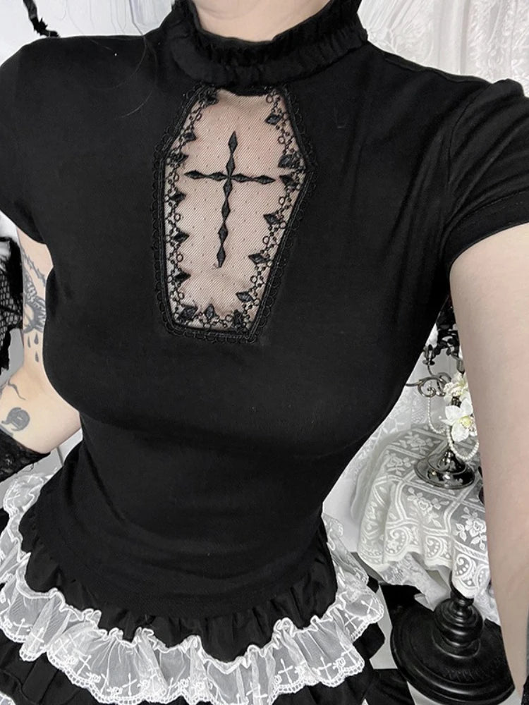AltGoth Kawaii Mall Goth T-shirt Women Aesthetic Streetwear Vintage Y2k E-girl Lace Patchwork Short Sleeve O-neck Crop Tee Tops