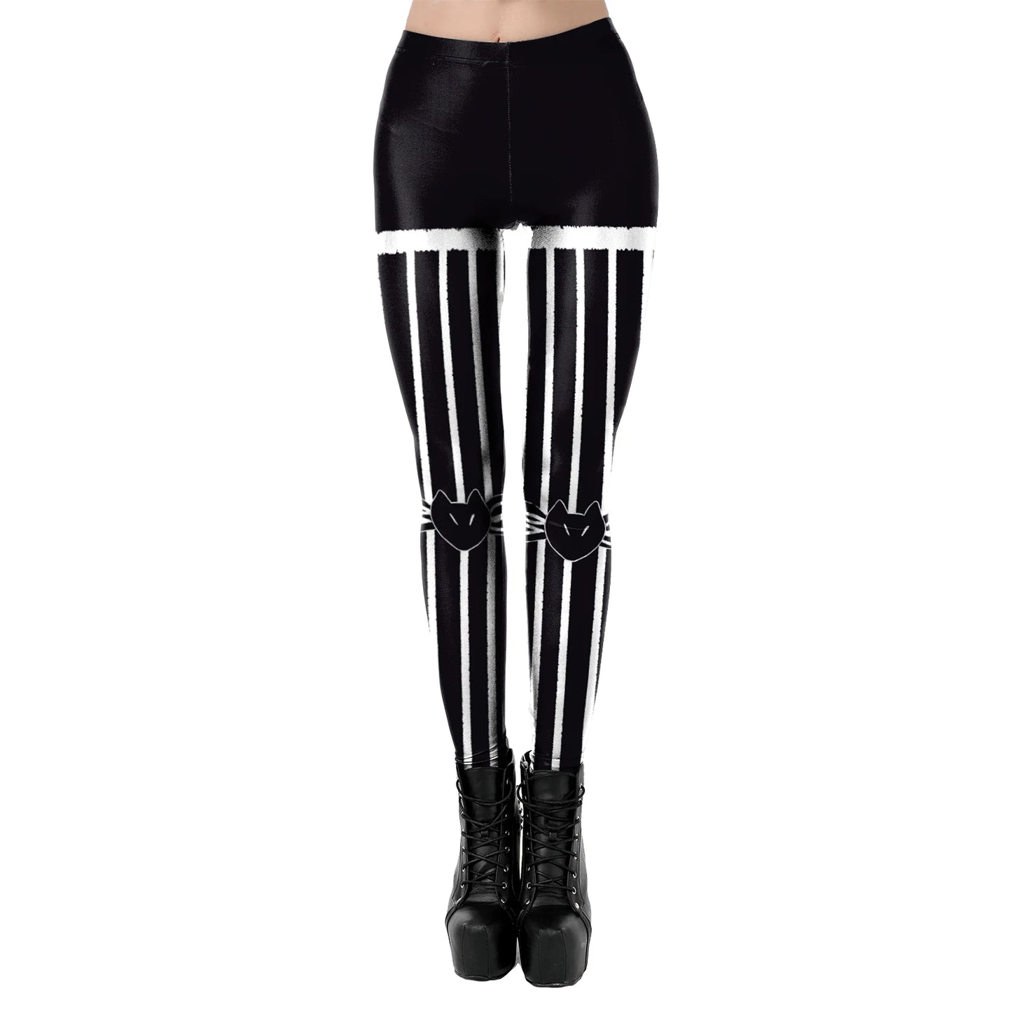 [You're MySecret] Sexy Sanding Women Cropped Pants High Waist Elastic Leggings Ouija Cat Cartoon Leggin Black White Bats Trouser
