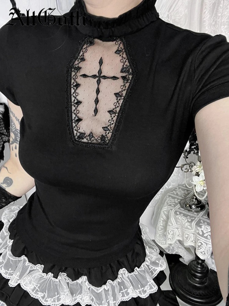 AltGoth Kawaii Mall Goth T-shirt Women Aesthetic Streetwear Vintage Y2k E-girl Lace Patchwork Short Sleeve O-neck Crop Tee Tops