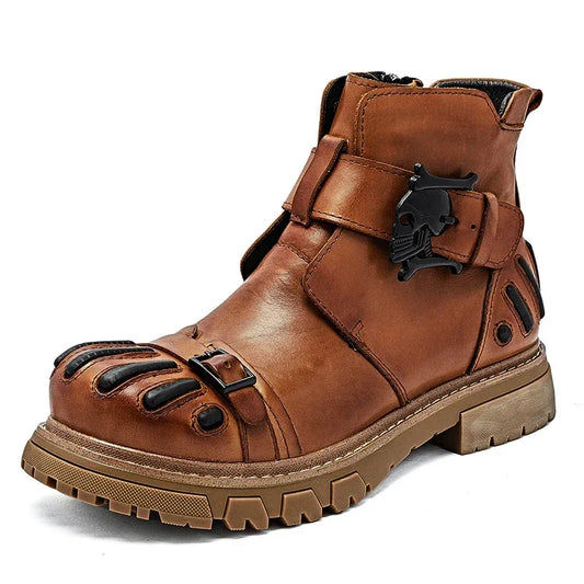 New Fashion Men's Genuine Leather Motorcycle Boots Goth Skull Punk Western Cowboy Mid-calf Platform Riding Boots ZIP Round Toe