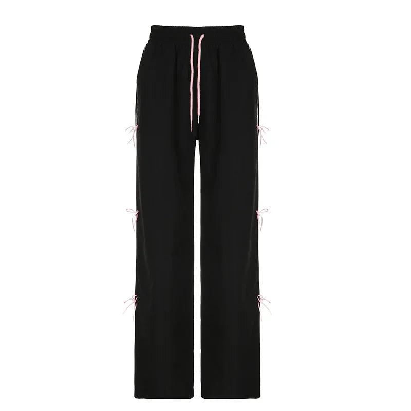 Pink Bow Lace Up Loose Wide Leg Pants Elastic High Waist Casual All-match Straight Trousers Y2k Punk Goth Pantalones Mujer