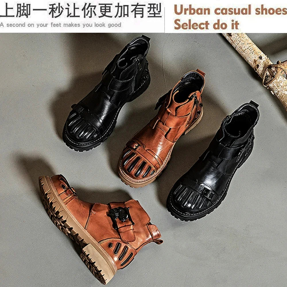 New Fashion Men's Genuine Leather Motorcycle Boots Goth Skull Punk Western Cowboy Mid-calf Platform Riding Boots ZIP Round Toe