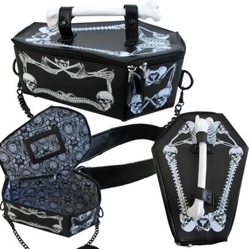 Trend Punk Style Skeleton Coffin Bag Gothic Bat Single Shoulder Bag Black PU Leather Purse Crossbody Bag