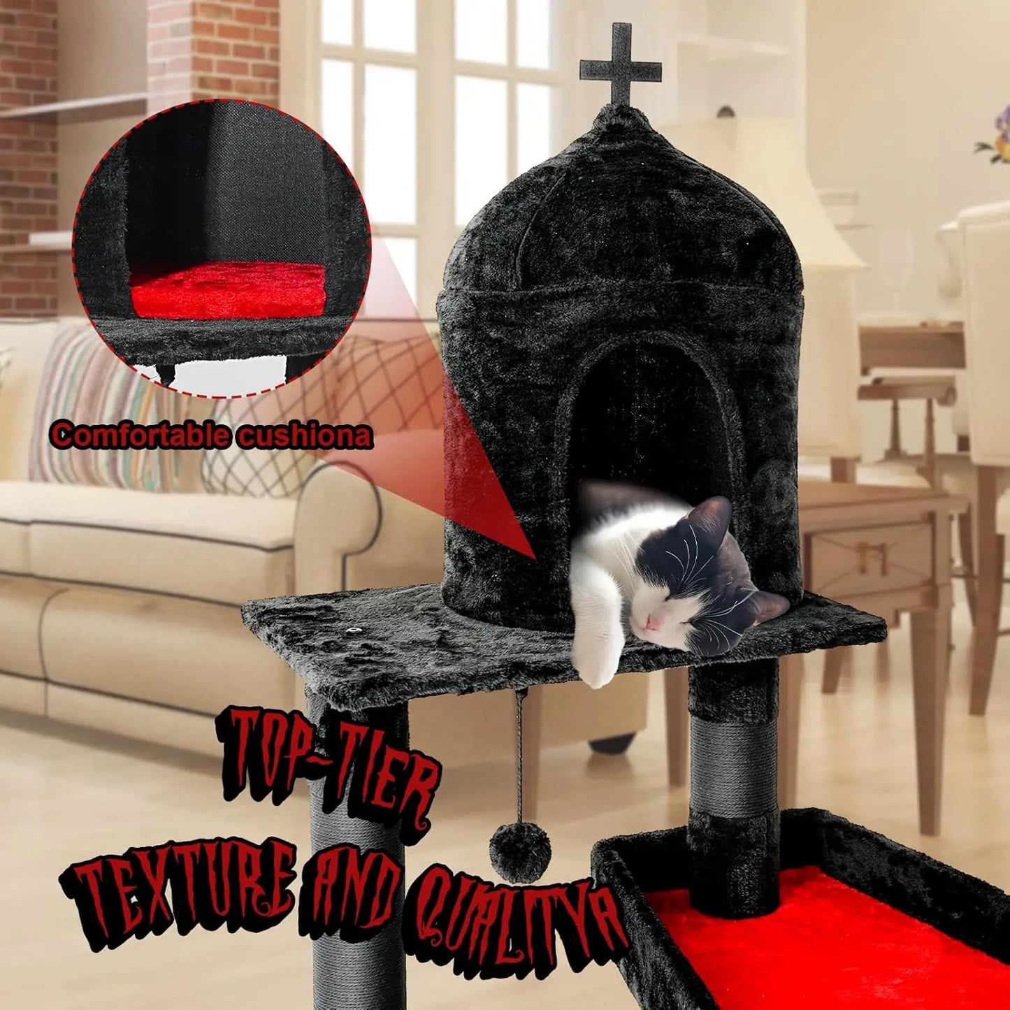 Gothic Cat Tree with Coffin Bed, 55" Goth Cat Tower with Spacious Cat Condo, Scratching Posts, Hanging Spider, Hammock,