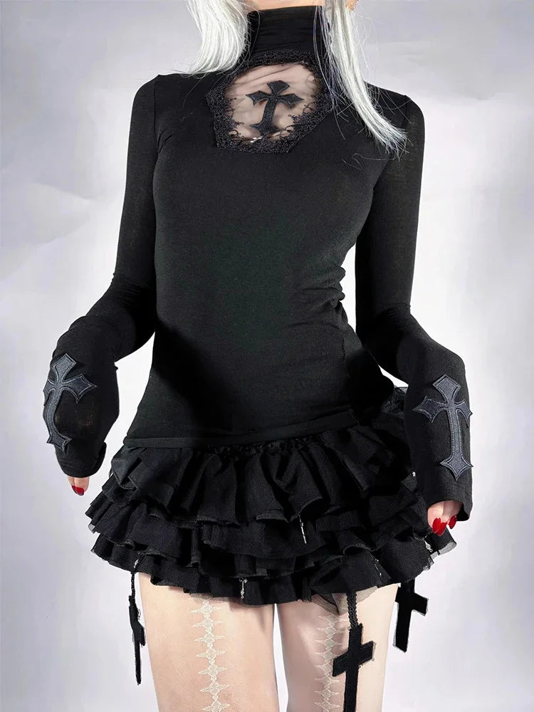 AltGoth Mall Goth Cross T-shirt Women Dark Punk Hotsweet Sexy Lace Patchwork Long Sleeve Tee Tops Emo Alternative Basic T-shirts