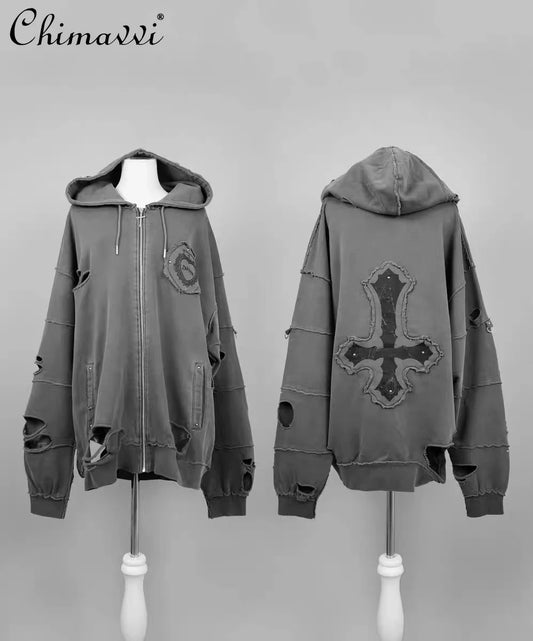 Japanese Mine Cross Ripped Retro Subculture Hooded Sweatshirt Cardigan Jacket Women's Goth Punk Zipper Hoodie Coat Outwear