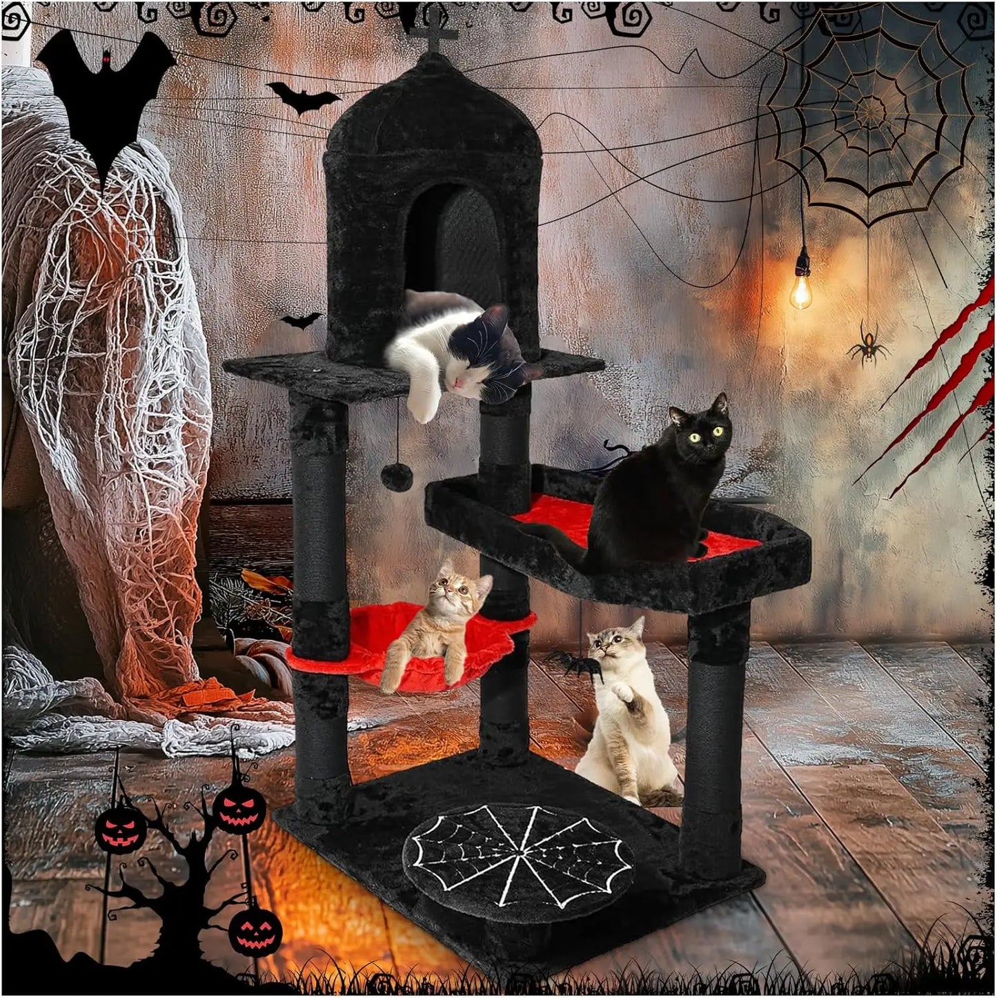 Gothic Cat Tree with Coffin Bed, 55" Goth Cat Tower with Spacious Cat Condo, Scratching Posts, Hanging Spider, Hammock,