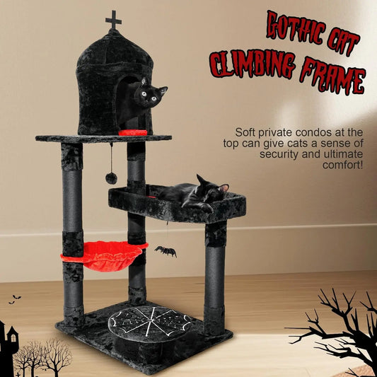Gothic Cat Tree with Coffin Bed, 55" Goth Cat Tower with Spacious Cat Condo, Scratching Posts, Hanging Spider, Hammock,