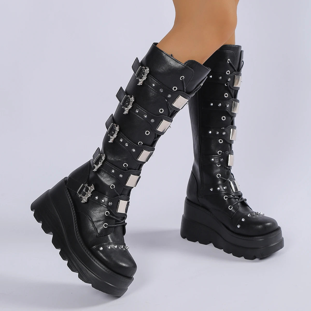 New Ladies Goth Platform Boots Fashion Rivet Buckle Punk Wedges High Heels women's Boots Party Street Cosplay Woman Gothic Shoes