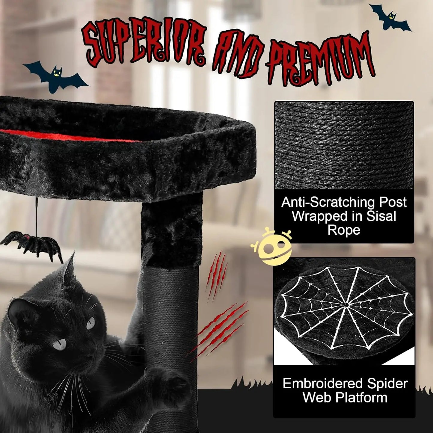 Gothic Cat Tree with Coffin Bed, 55" Goth Cat Tower with Spacious Cat Condo, Scratching Posts, Hanging Spider, Hammock,