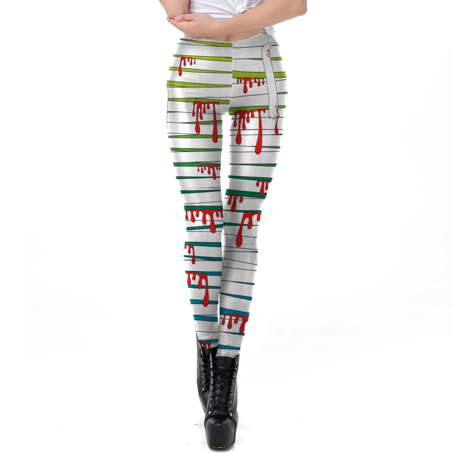 [You're MySecret] Sexy Sanding Women Cropped Pants High Waist Elastic Leggings Ouija Cat Cartoon Leggin Black White Bats Trouser