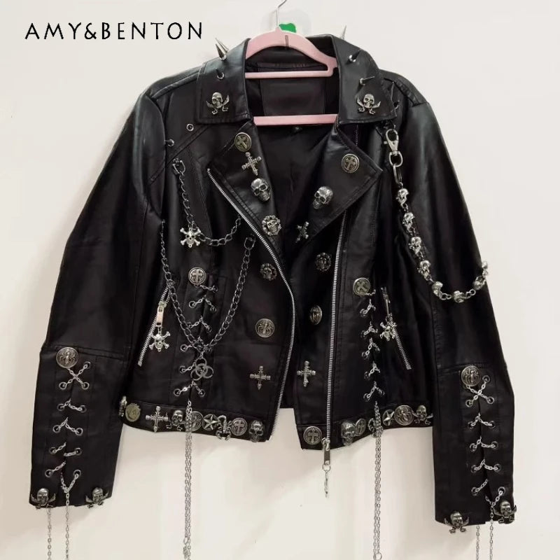 Original Design Punk Black Sweet Cool Rock Women's Leather Jacket 2025 Goth Heavy Industry Rivet Chain Dark Loose Coat Ladies