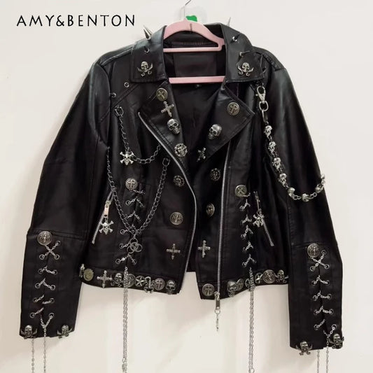 Original Design Punk Black Sweet Cool Rock Women's Leather Jacket 2025 Goth Heavy Industry Rivet Chain Dark Loose Coat Ladies