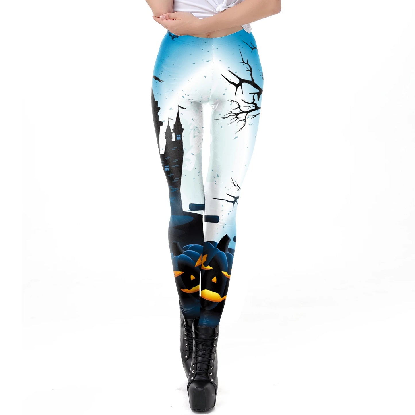 [You're MySecret] Sexy Sanding Women Cropped Pants High Waist Elastic Leggings Ouija Cat Cartoon Leggin Black White Bats Trouser