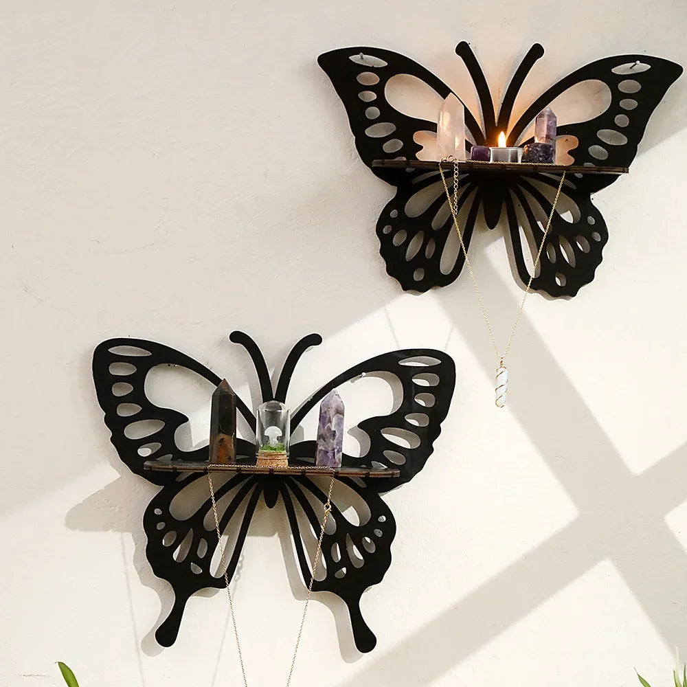 Black Wooden Butterfly Shelf Bomisia Hollow Crystal Display Wall Decor Handmade Home Decoration Storage Accessories