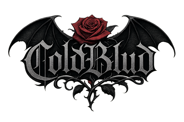 Logo for ColdBlud in a gothic font with a rose and bat wings